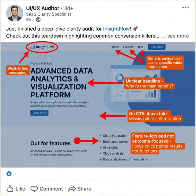 B2B SaaS website teardown showing clarity issues